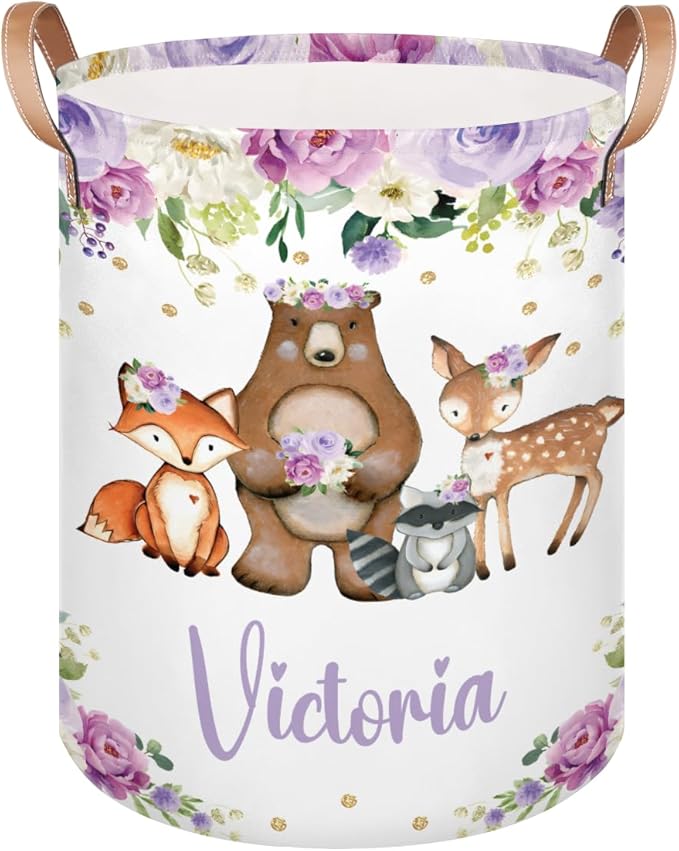 Personalized Laundry Basket, Custom Gift Laundry Hamper, Collapsible Nursery Waterproof Laundry Baskets, Dirty Clothes Toy Hamper with Handles Purple Floral Animals Cute
