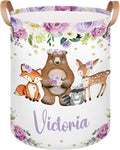 Personalized Laundry Basket, Custom Gift Laundry Hamper, Collapsible Nursery Waterproof Laundry Baskets, Dirty Clothes Toy Hamper with Handles Purple Floral Animals Cute