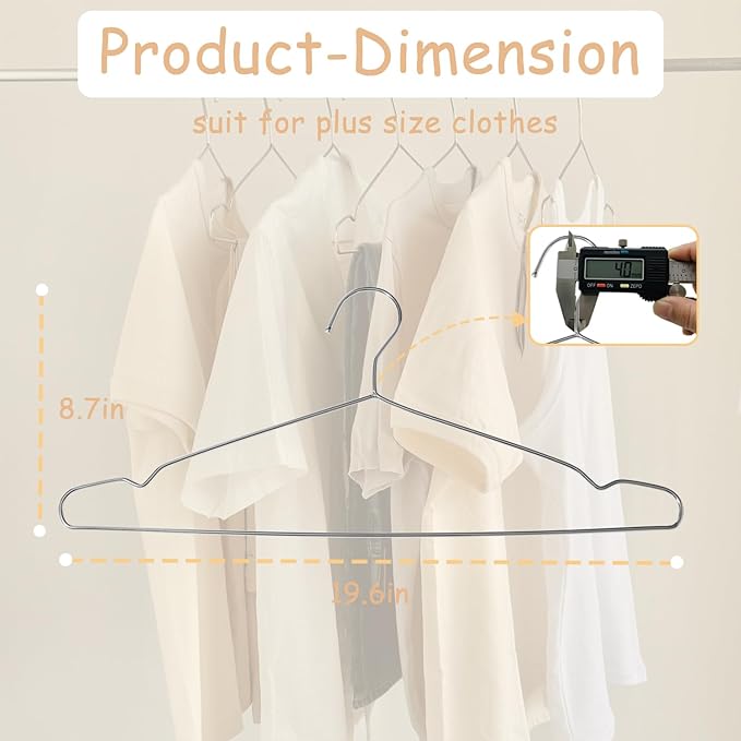 Extra Wide Wire Hangers for Plus Size Clothes, 19.6 Inch Stainless Steel Plus Size Hangers Ideal for XL, XXL Shirts, Coats, Dresses, Etc. Silver. 30pk.