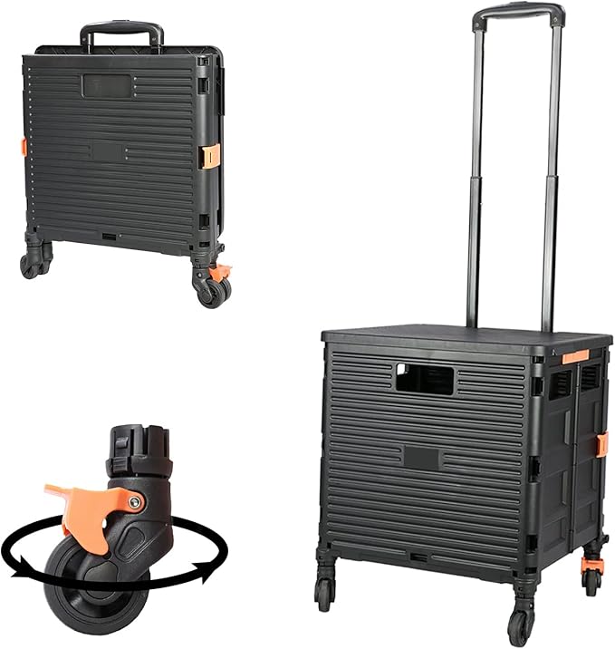 FELICON SELORSS Foldable Utility Cart Folding Portable Rolling Crate Handcart with Heavy Duty Telescoping Handle Collapsible 4 Rotate Wheels for Travel Shopping Move Luggage Office Use(Black+Black)