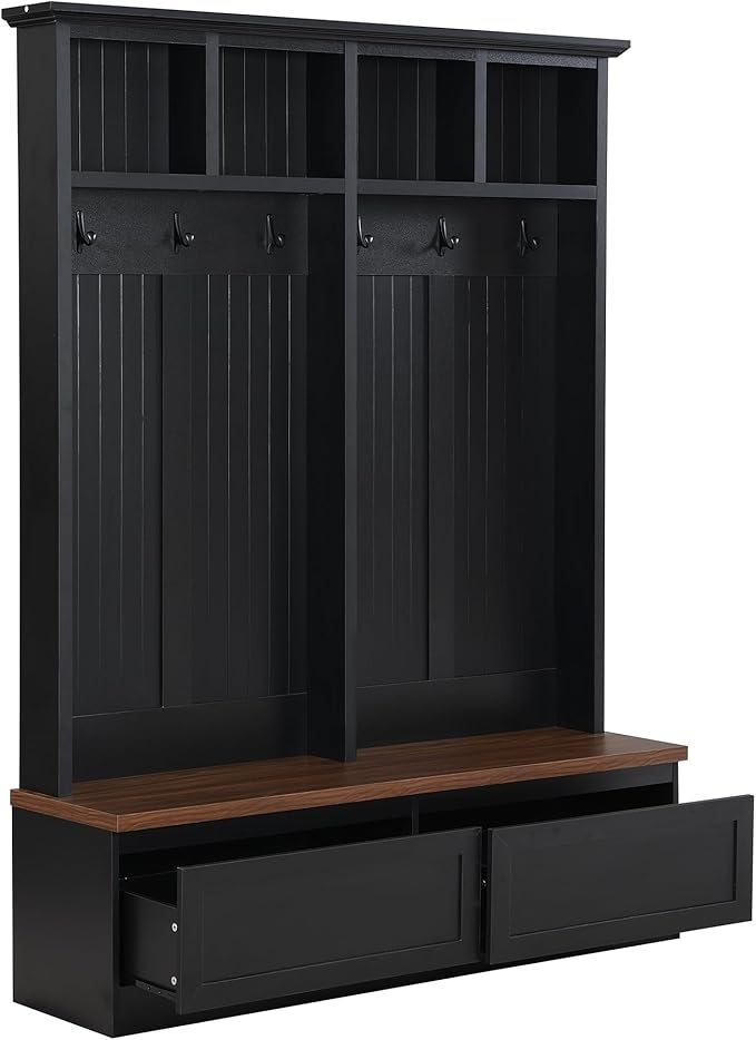 Hall Tree with Storage Bench, Farmhouse 4-in-1 Hall Tree with Wood Grain Bench, 2 Large Drawers, 6 Black Hooks, 4 Storage Compartments, Mudroom Versatile Coat Rack for Hallway, Living Room (Black/156)