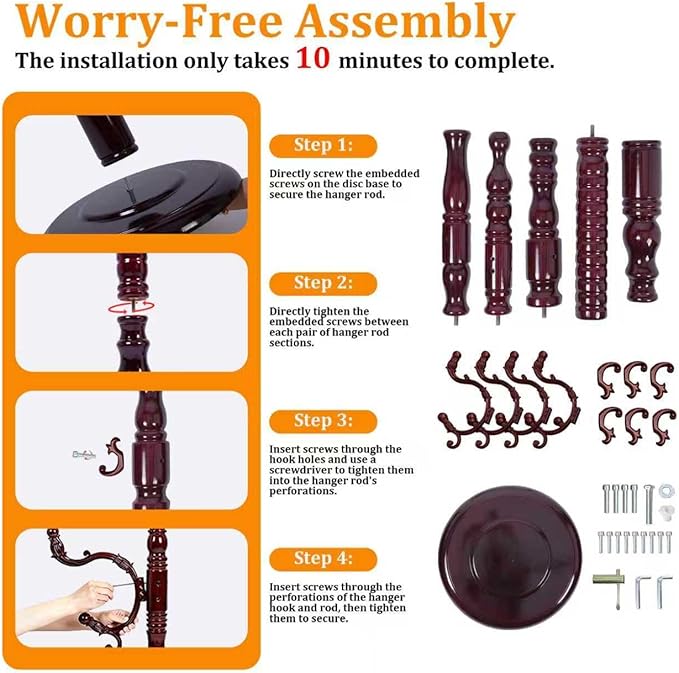 Modern Wooden Coat Rack Heavy Duty Solid Wood Freestanding Coat Racks Stand Adjustable Height 37.4’’-72.83’’ with 14 Hooks and Sturdy Round Base Coat Tree for Living Room, Bedroom