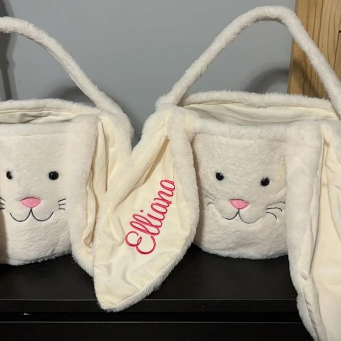 Embroidered Personalized Bunny Bag with Name, Kids Spring Egg Hunt Tote, Baby Boys & Girls Holiday Gift, Custom Monogram Rabbit Carry BaBasket for Easter Egg Hunt