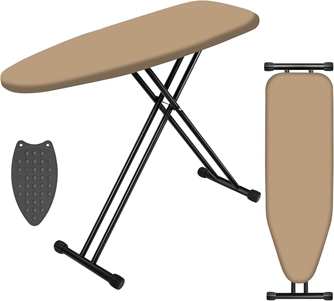 Ironing Board, Compact Ironing Board 13x43 Ironing Area with Extra Thick Heavy Duty Padded Cover, Stable Structure, Easy to Fold,Iron Mat, Brown