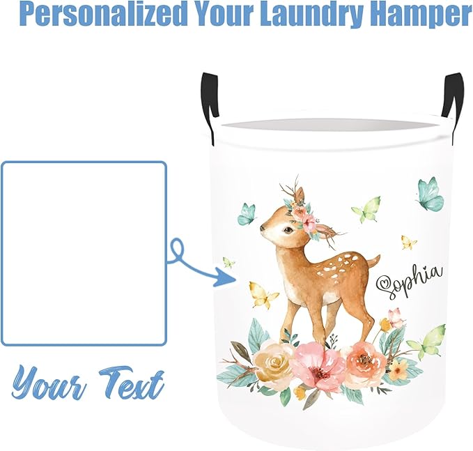 Custom Name Deer Laundry Baskets for Nursery Utility Room, Personalized Toddler Laundry Basket with Name, Customize Baby Name Laundry Hamper Kids Storage Organizer 2 Sizes