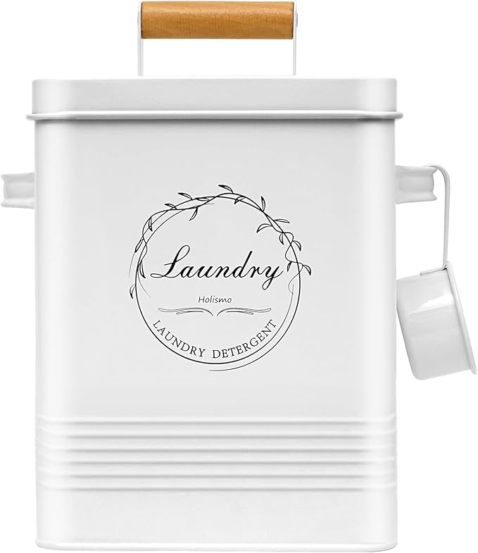 Laundry Detergent Container for Laundry Room Organization and Storage, Modern Farmhouse Metal Laundry Decor Scent Boosters Beads Dispenser With Lid and Hand Scoop, Pods Holder Bin ,White