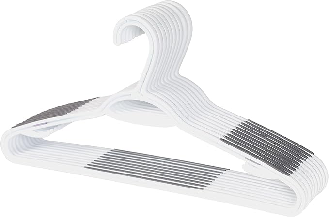 Neatfreak Slim Non Slip Hangers - Space Saving Set of 10 With Lingerie Hooks and Pants/Accessories Bar - Patented W Frame White Plastic Hangers