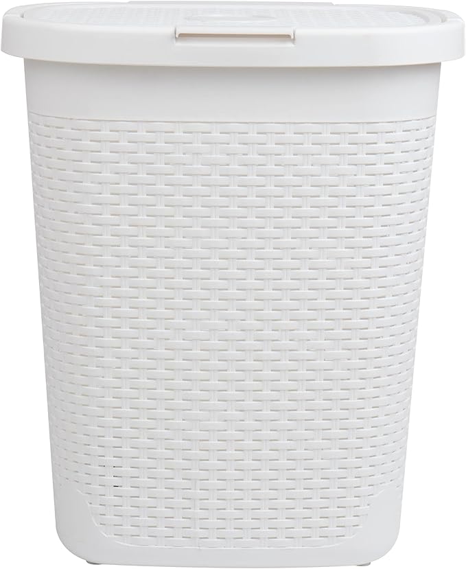 Mind Reader 50L Slim Laundry Hamper, Clothes Basket, Lid, Wicker Design, Plastic, 17.65"L x 13.75"W x 21"H, Set of 2, White
