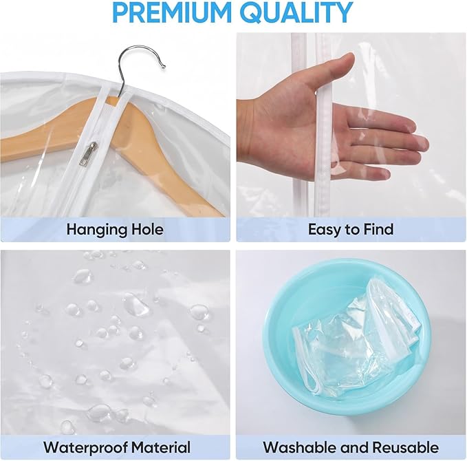65” All Clear Dress Bags for Travel - PEVA Waterproof Fordable Cover with Zipper for Hanging Clothes, long Dress - Durable Dresser for Closet Storage, Dustproof & Moisture Resistant - 65”/4 Pack