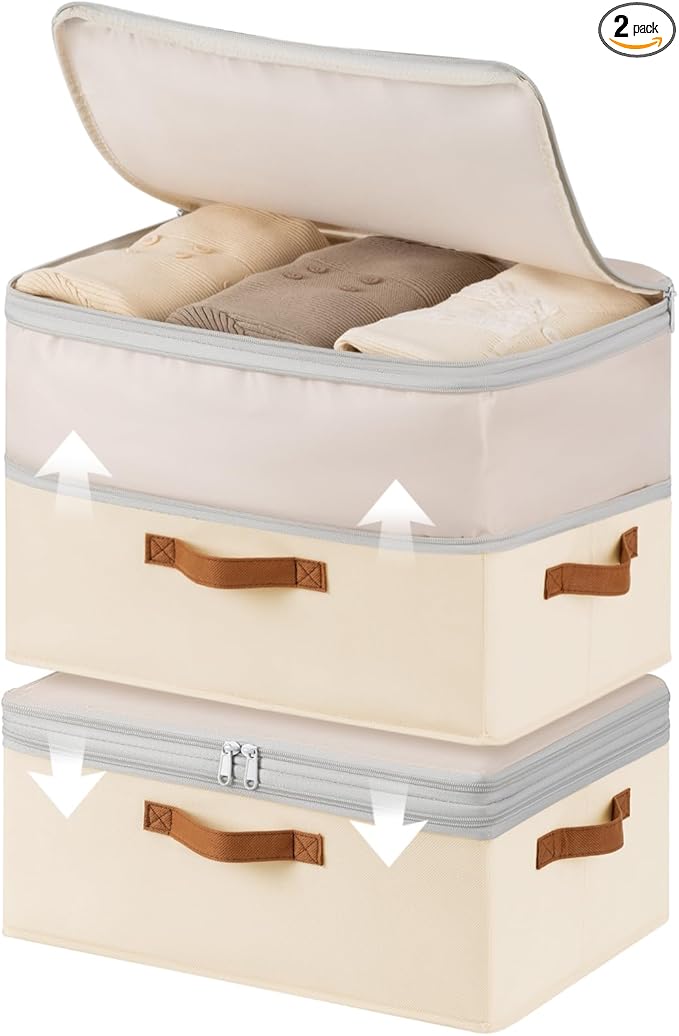 Large Closet Storage Bins - Compression Organizer Bins, Stackable Closet Organizer, Expandable Under Bed Storage Containers for Clothes, Towels, Sheet, 2 Pack, Beige