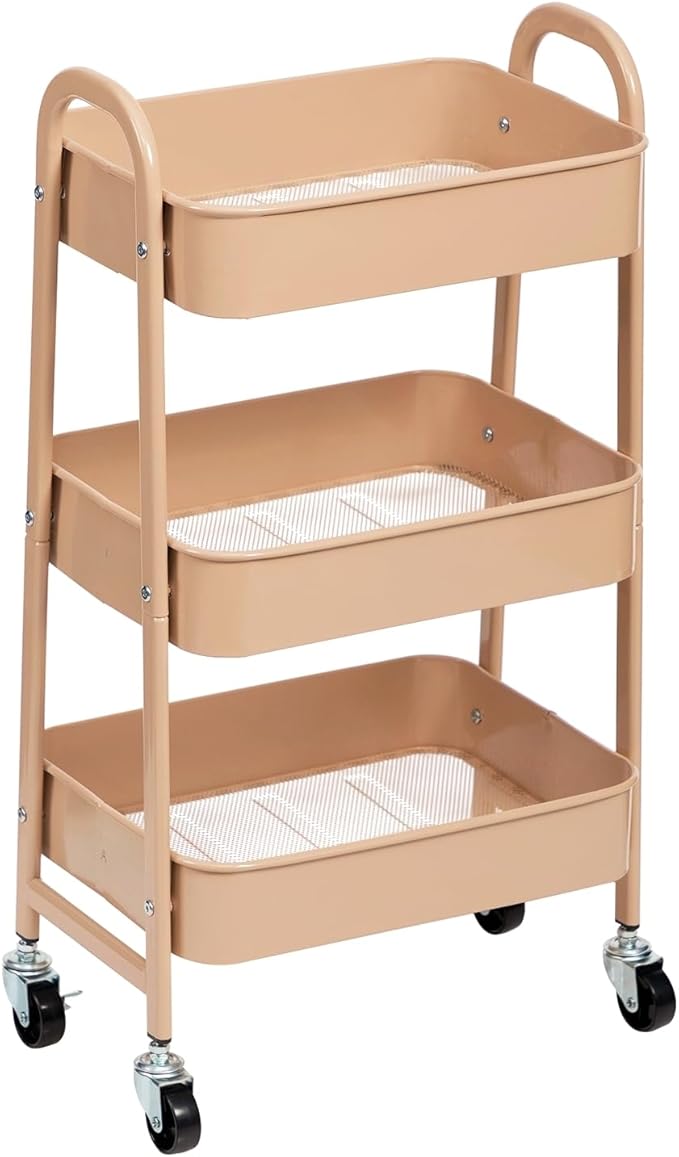 AGTEK 3 Tier Utility Rolling Cart with Lockable Wheels, Metal Multifunctional Storage, Organizer Cart for Kitchen, Office, Living Room, Makeup, Craft, Art Studio, Blush