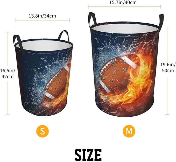 Dujiea Football Ball In Fire And Water Laundry Basket Round With Handle, Collapsible Foldable Canvas Storage Bin Dirty Clothes Bag For Laundry/Toys Organizer/College Dorm/Nursery/Decor(2 Sizes)