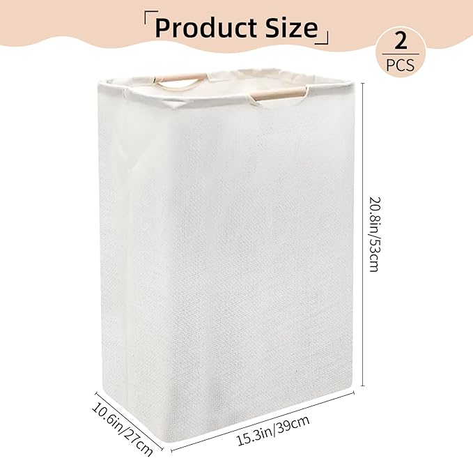 2Pack Large Laundry Hampers with Handles, 60L (15.85 Gal) Foldable Laundry Hamper, Freestanding Waterproof Clothes Hamper for Bedroom, Bathroom, Dorm, Laundry Room15.3"L x 10.6"W x 20.8"H