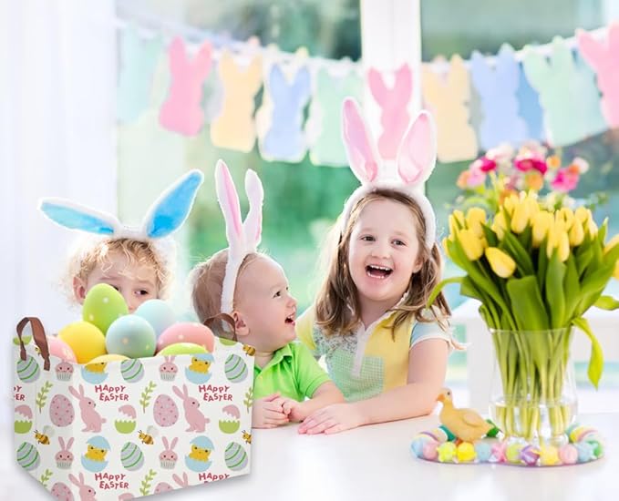Easter Bunny Kids Gift Basket - Rectangular Toy Storage Basket Organizer Bin Box for Boys & Girls - Cute Easter Egg Room Decor for Home
