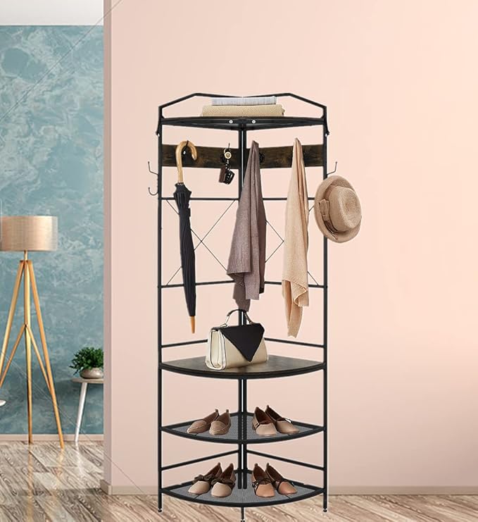 Recaceik Corner Coat Rack, Multifunctional Entryway Corner Shoe Rack with 8 Metal Double Hooks and Storage Shelf, Freestanding Corner Hall Tree Stand Storage for Living Room, Office, Rustic Brown