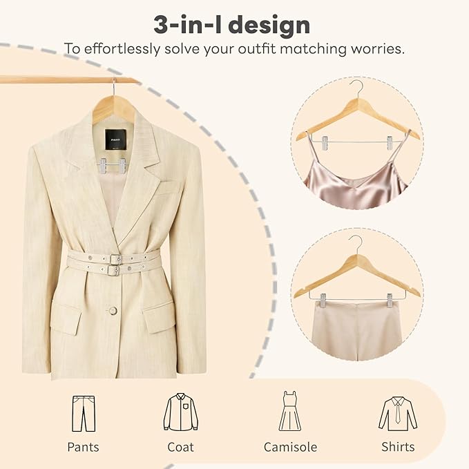 HOUSE DAY Wooden Hangers with Clips 48 Pack,Wooden Suit Hangers Skirt Hangers Solid Wood Pants Hangers Natural Smooth Finish Wood Hangers with Durable Metal Clips for Blouse, Dress, Coat, Jacket