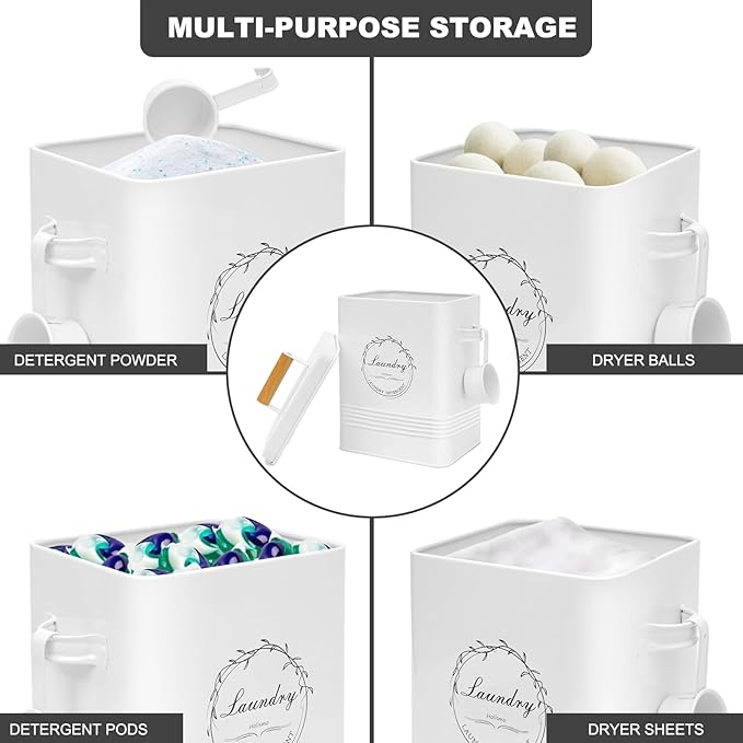 Laundry Detergent Container for Laundry Room Organization and Storage, Modern Farmhouse Metal Laundry Decor Scent Boosters Beads Dispenser With Lid and Hand Scoop, Pods Holder Bin ,White