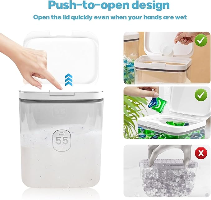 2 Pack 5.5L Laundry Detergent Dispenser with One-Press Lid, Laundry Powder Container for Laundry Room Organization and Storage Pod and Airtight Dishwasher Pod Holder for Bead Powder