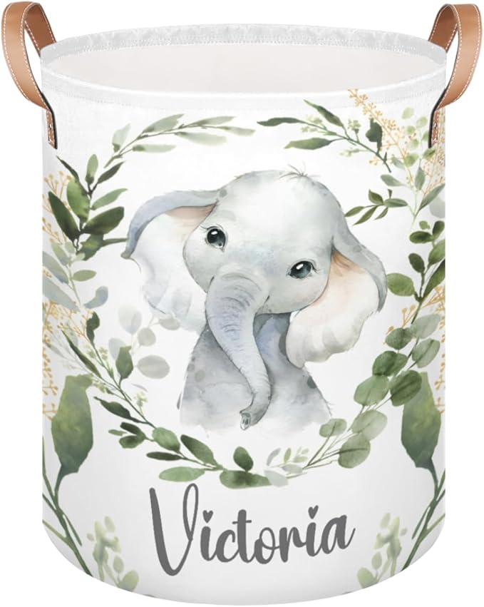 Personalized Laundry Basket, Custom Gift Laundry Hamper, Collapsible Nursery Waterproof Laundry Baskets, Dirty Clothes Toy Hamper with Handles Jungle Elephant