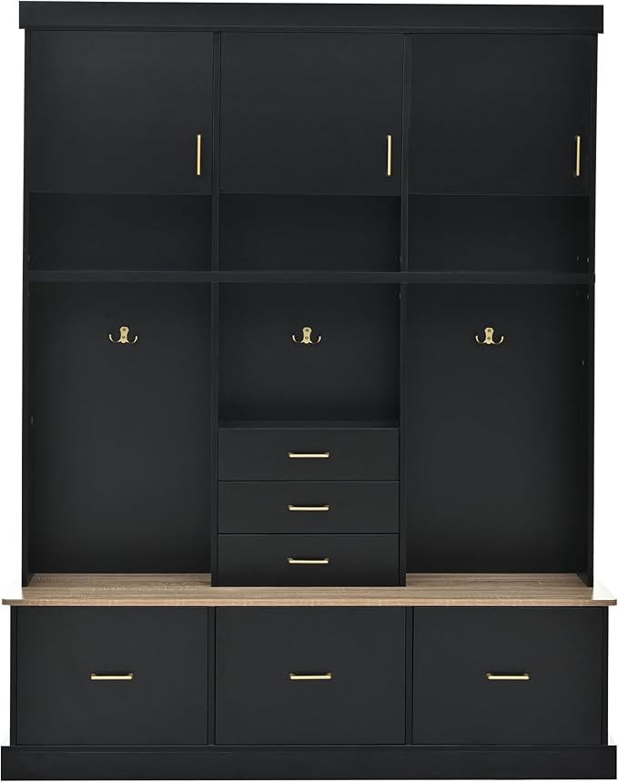 Modern 58'' Wide Hall Tree with Bench and Storage, 5-in-1 Wood Hall Tree with Coat Rack, 6 Drawers, 3 Cabinets and 3-Tier Top Storage for Hallway, Entryway, Living Room, Mudroom (Black-10.15)