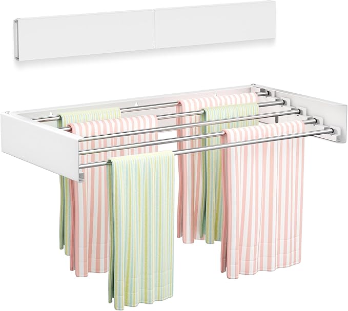 Wall Mounted Clothes Drying Rack 23.6", Foldable Wall Mount Laundry Rack Folding Indoor, Drying Rack Clothing Collapsible, Hidden Space Saver with Wall Template, 5 Rods, White