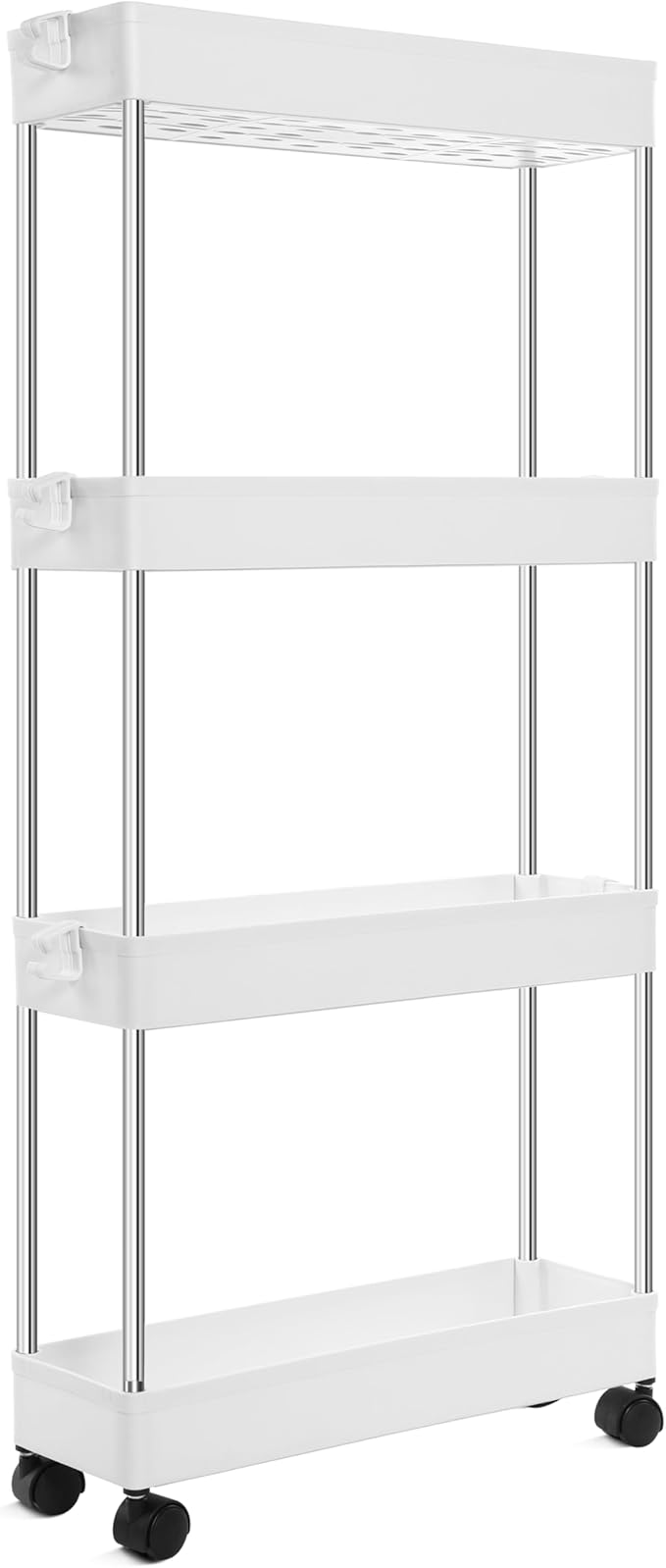YSSOA Rolling Storage Cart, 4 Tier Slim Mobile Shelving Unit for Storage,360° Rotating Wheel Lockable Utility Cart,Great for Office, Kitchen, Bathroom, Laundry or Narrow Spaces, White
