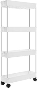 YSSOA Rolling Storage Cart, 4 Tier Slim Mobile Shelving Unit for Storage,360° Rotating Wheel Lockable Utility Cart,Great for Office, Kitchen, Bathroom, Laundry or Narrow Spaces, White