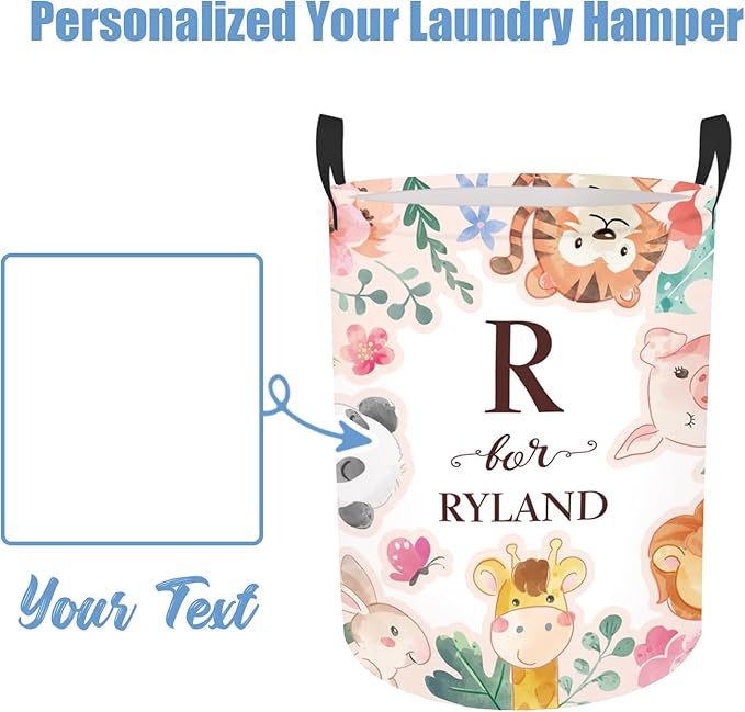 Custom Name Laundry Hamper Kids with Woodland Animals Print, Personalized Girl Laundry Basket for Nursery Bathroom, Customize Baby Name Laundry Baskets for Toddler Adults 2 Sizes