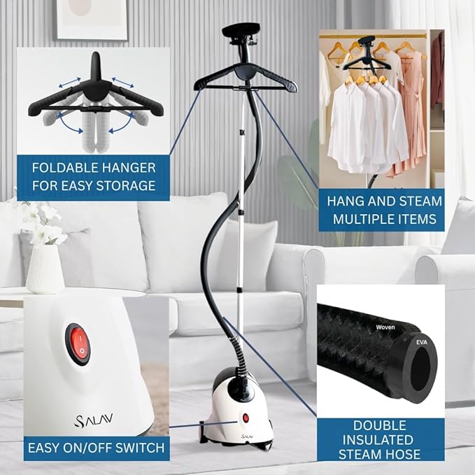 SALAV GS18-DJ Standing Garment Steamer with Smart Auto-Off, Wheels for Easy Movement, 1.8L Water Tank for 1hr Continuous Steaming, Adjustable Pole for Storage, with Descaler Packet, 1500 watts