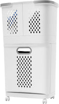 Laundry Hamper with Wheels and Handle, 2 Layer Plastic Laundry Basket Clothes Storage Bin, Detachable and Tilt Out, Ventilated, 17.32"L x 12.2"W x 29.3"H