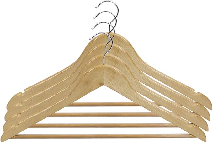 Home Basics 5 Pack Wooden Non-Slip Suit Hangers with Pants Bar – Smooth Finish Solid Wood Coat Hanger 360° Swivel Hook and Cut Notches for Jacket, Pant, Dress Clothes Hangers (Natural)