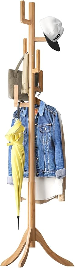 Coat Rack Freestanding, Bamboo Cactus Coat Tree, Adjustable Height Wooden Coat Stand with 6 Hooks, kids coat rack, Used In The Bedroom Living Room, Office To Hang Clothes, Hats, Bags