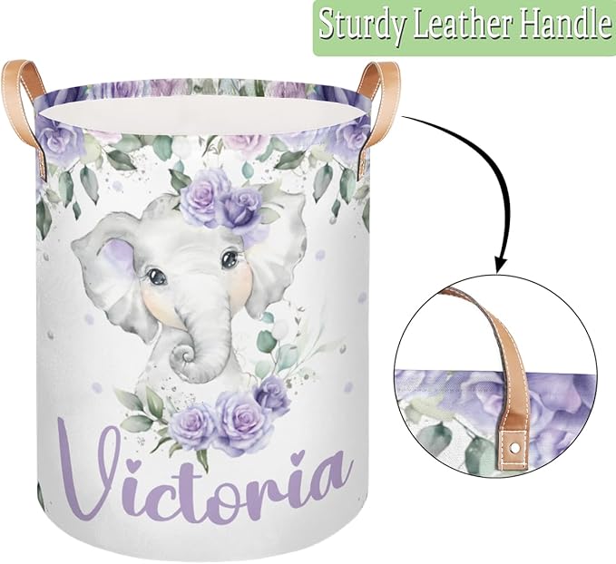 Personalized Laundry Basket, Custom Gift Laundry Hamper, Collapsible Nursery Waterproof Laundry Baskets, Dirty Clothes Toy Hamper with Handles Purple Floral Cute Elephant