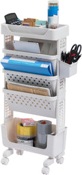 AGTEK 5-Tier Rolling Cart Study, Book Storage Cart, Magazine Rack, Slim Design, Top Shelf, Office Bookcase, Living Room Storage Rack, Large Capacity, Classroom, White
