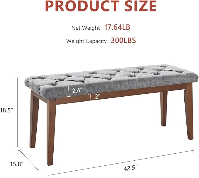 Upholstered Bench for Bedroom End of Bed,42.5-inch Entryway Bench for Living Room,Dining Bench with Padded Seat and Solid Wood Leg for Kitchen Bedroom,Indoor and Hallway