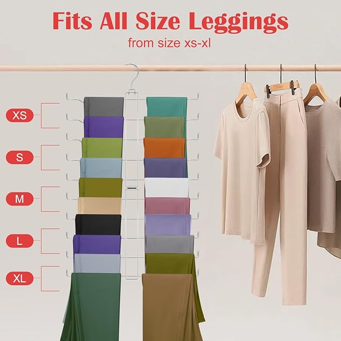 Pants Hanger for Closet, Rotatable Legging Organizer for Closet Hanging, Non-Slip Legging Hanger Holds Up to 20 Leggings (XS–XL), Collapsible Space Saving Yoga Pants Rack for Storage, Silver