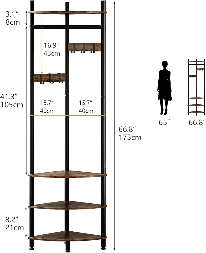 GiftGo Corner Hall Tree with Shoe Rack Entryway Coat Rack with 6 Metal Movable Hooks Floor Standing Clothes Rack Organizer for Home Office Bedroom (Rustic Brown)