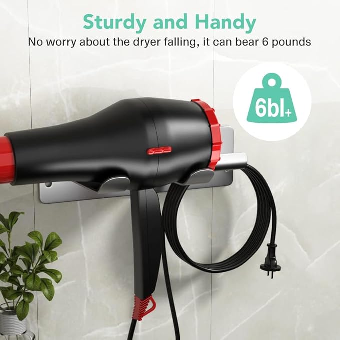Hair Dryer Holder Wall Mount Compatible with Dyson Hair Dryer, 304 Stainless Steel Hair Dryer Blow Diffuser Holder Organizer Adhesive for The Bathroom Silver