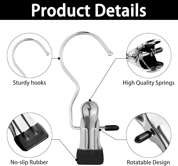 JINGIHE 30 Pack Laundry Hook Hangers Clothes Hanger Clips for Closet Organizer, Stainless Steel Heavy Duty Clothespins Bulk Boot Hanger Clips for Travel Pants Socks Handbags Hats Belt Towels Jean