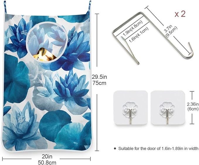 Ink Blue Lotus Flower Hanging Laundry Hamper Door Hampers Bag Basket with Stainless Steel Hooks Oxford Fabric Printing Decorative Clothes Bags 29.5X20inch 1Pack
