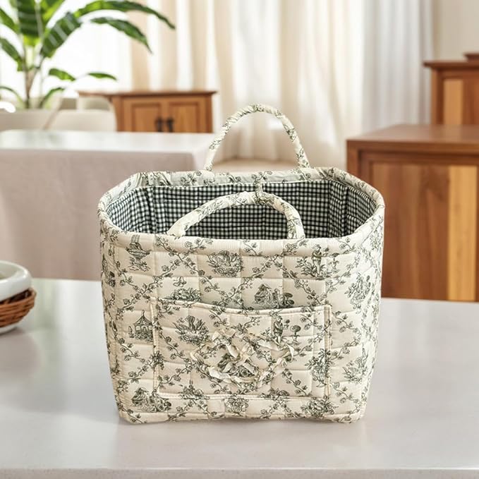 Floral Fabric Storage Basket Car Interior Storage Basket Underwear Sundries Laundry Baskets Supplies Home Organizer Bag (Green)