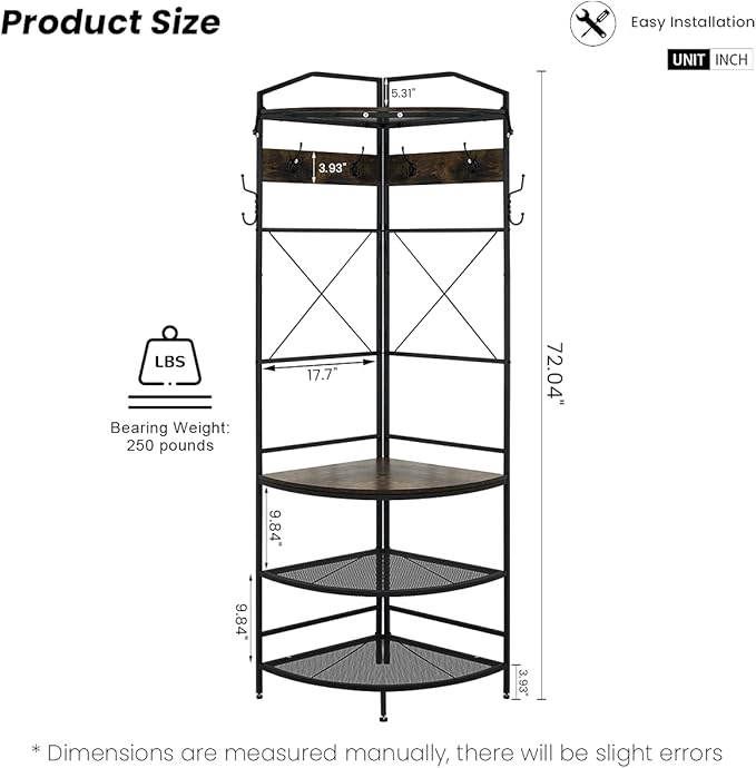 Recaceik Corner Coat Rack, Multifunctional Entryway Corner Shoe Rack with 8 Metal Double Hooks and Storage Shelf, Freestanding Corner Hall Tree Stand Storage for Living Room, Office, Rustic Brown