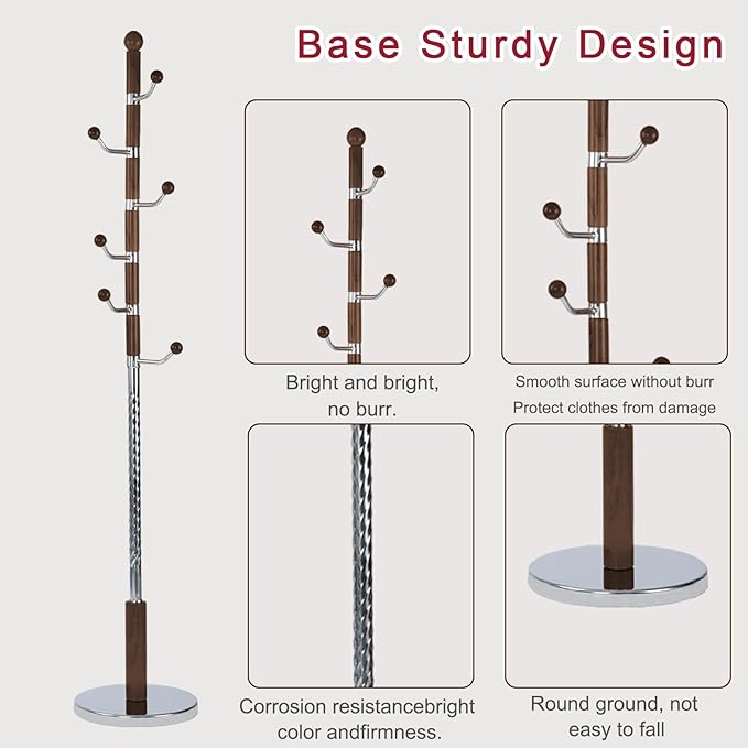 Solid Wood Coat Rack, Free Standing Hall Coat Tree with 6 Hooks, 3 Height Options, 180lbs Load, Stury Base, Clothes Rack for Entryway, Hallway, Bedroom (Disc Base - Walnuts Swivel Hook)