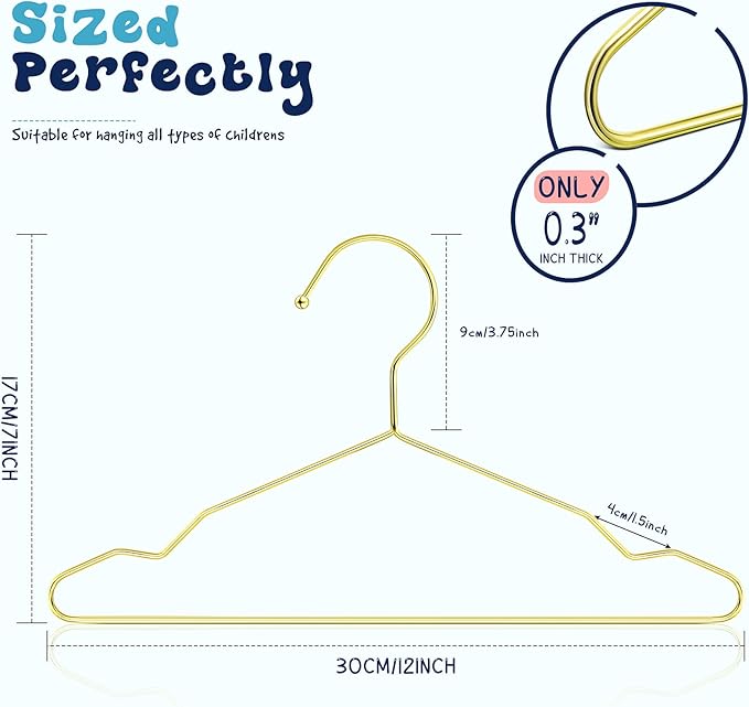 Jetec 36 Pcs 12 Inch Gold Kids Baby Hangers Strong Metal Children's Closet Clothes Hangers for Space Saving, Hanging Coats, Pants & Clothes (Gold)