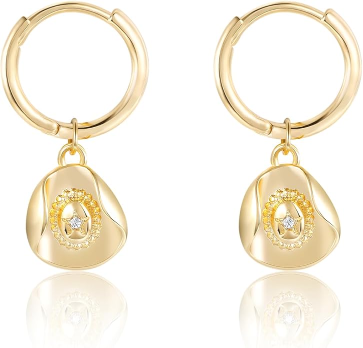 Mameloly Cowgirl Earrings for Women CZ 14K Gold Plated Western Cowboy Hat Dangle Hoop Earrings Cute Jewelry Hypoallergenic