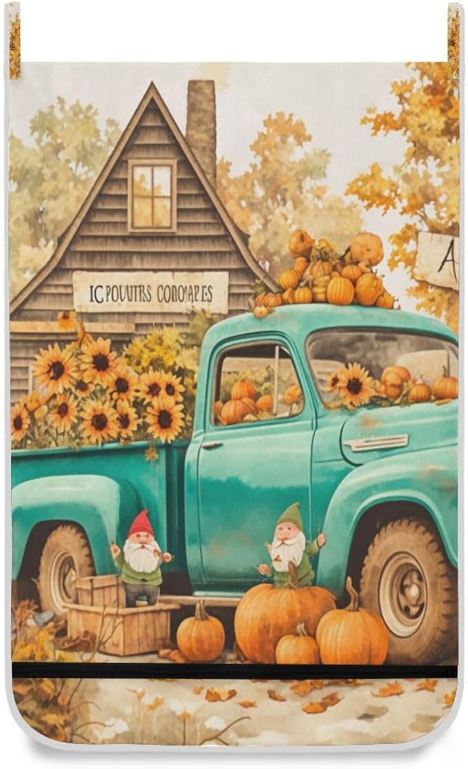 Thanksgiving Truck Pumpkin Orange Hanging Laundry Hamper Door Hampers Bag Basket with Stainless Steel Hooks Oxford Fabric Printing Decorative Clothes Bags 29.5X20inch 2Pack