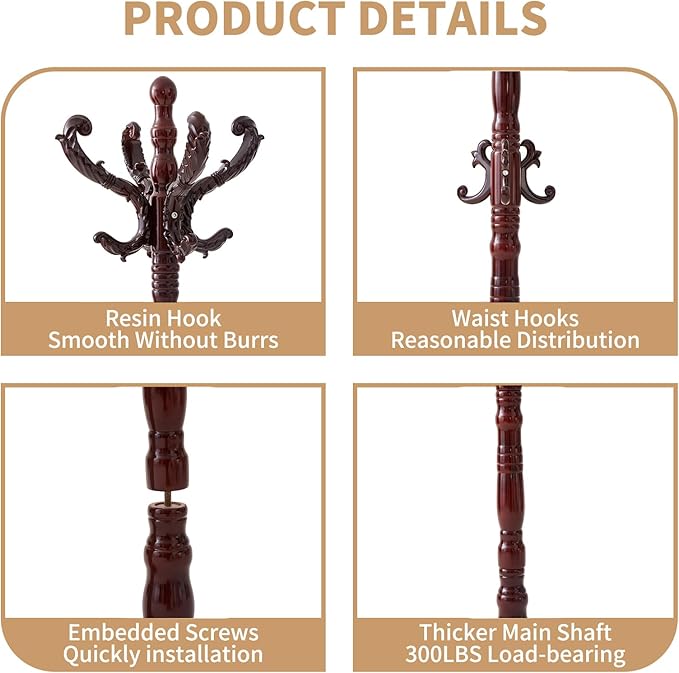 ZOZOE Wooden Classic Coat Rack Stand, Solid Wood Coat Rack Freestanding with 14 Hooks, Vintage Coat Racks with Sturdy Round Base, Natural Birch Wood Coat Tree Hanger Stand for Entryway Hallway