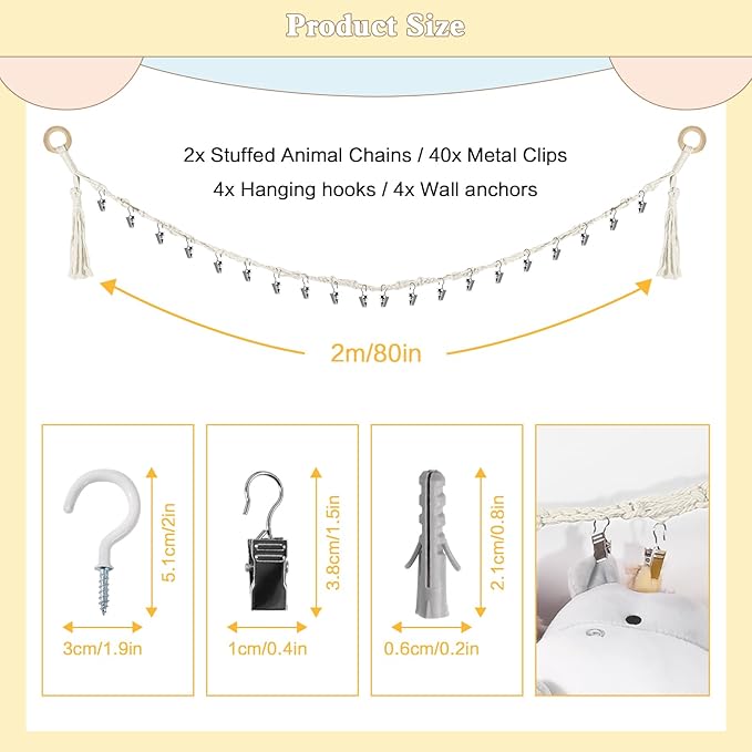 80" 2-Pack Cotton Hanging Storage Chain For Stuffed Animals Storage with 20 Metal Clips, Stuffed Animal Organizer Chain for Wall Corner Nursery Play Room, White