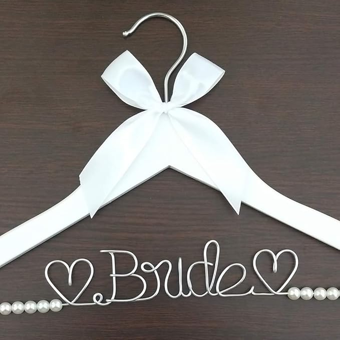 The Bride's Wedding Gift, Wooden Wedding Dress Gown Hanging Wire Letter Hanger (White and Silver Thread with Pearls)