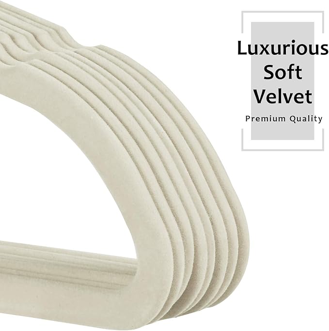 VECELO Premium Velvet Clothes Hangers Suit Heavy Duty (25 Pack)-Non Slip & Space-Saving with 6 Finger Clips & Tie Rack Excellent for Men and Women，Light Beige